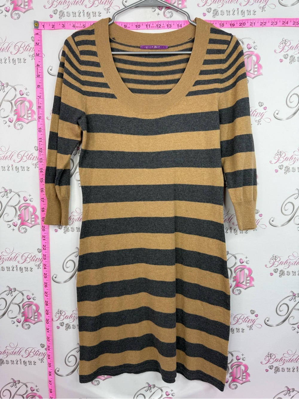 Smart Set Camel and Charcoal Striped Scoop Neck Midi Dress